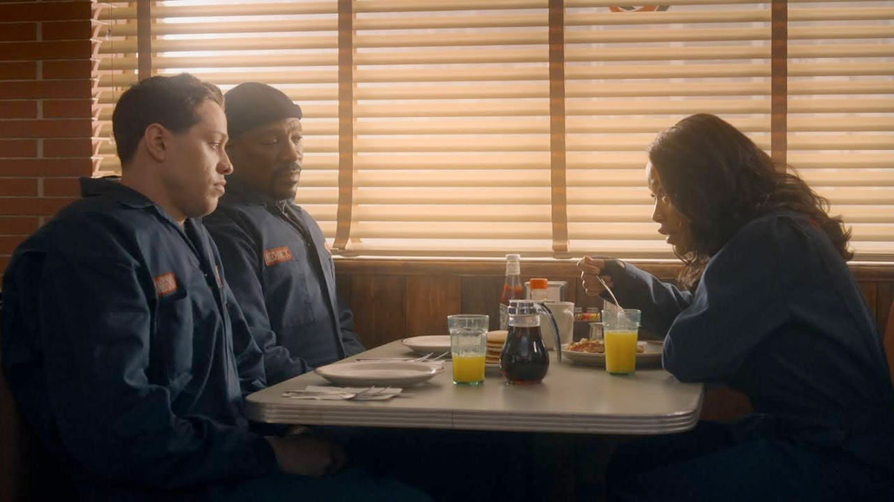 (L to R) Pete Davidson as Travis Stolly, Eddie Murphy as Russell Pierce, and Keke Palmer as Zoe in 'The Pickup'. Photo: Prime Video.