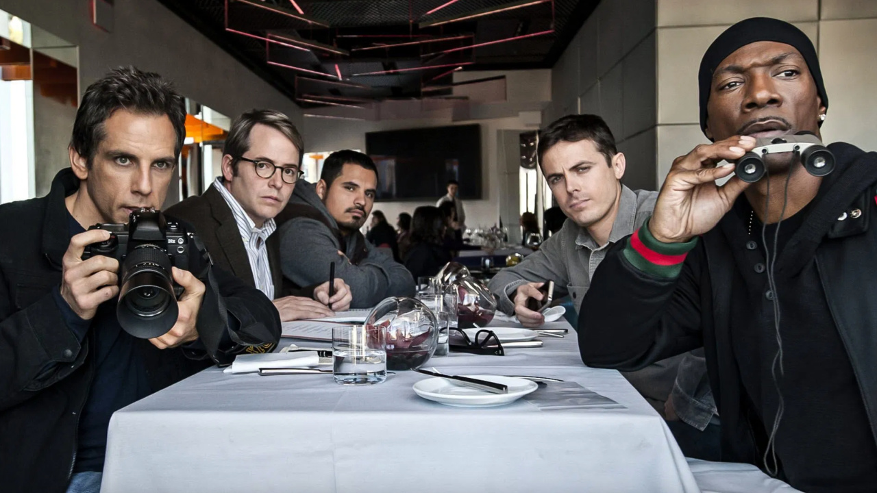 (L to R) Ben Stiller, Matthew Broderick, Michael Peña, Casey Affleck, and Eddie Murphy in 'Tower Heist'. Photo: Universal Pictures.