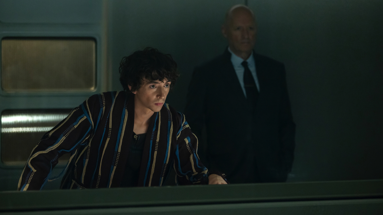 FX's ‘Alien: Earth’. Pictured (L to R): Samuel Blenkin as Boy Kavalier, Ade Edmondson as Atom Eins. Photo: Patrick Brown/FX.