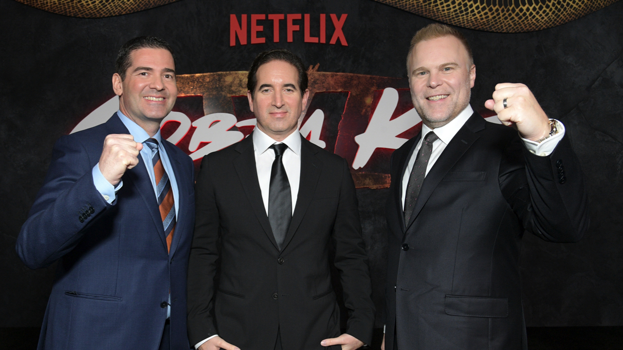 (L to R) Jon Hurwitz, Hayden Schlossberg, and Josh Heald attend Netflix's ‘Cobra Kai’ Series Finale World Premiere at The Egyptian Theatre Hollywood on February 12, 2025 in Los Angeles, California. Photo: Charley Gallay/Getty Images for Netflix.
