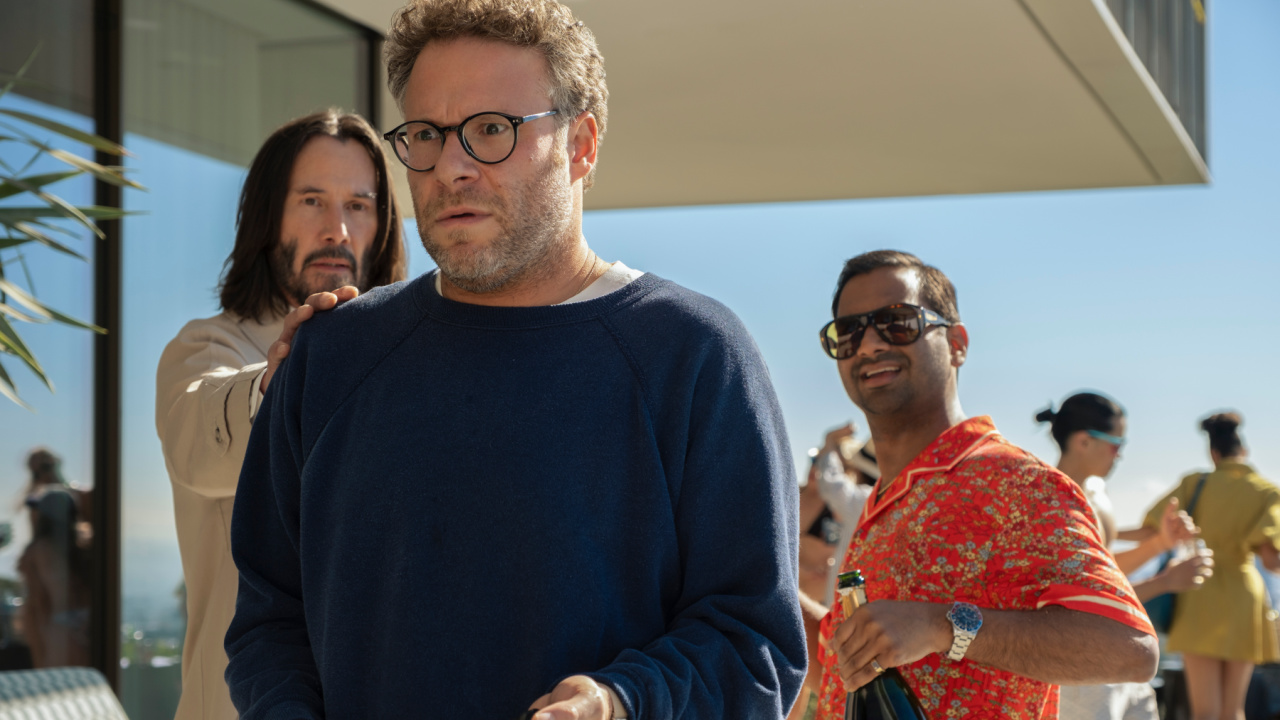 (L to R) Keanu Reeves as Gabriel, Seth Rogen as Jeff, and Aziz Ansari as Ari in 'Good Fortune'. Photo Credit: Eddy Chen.