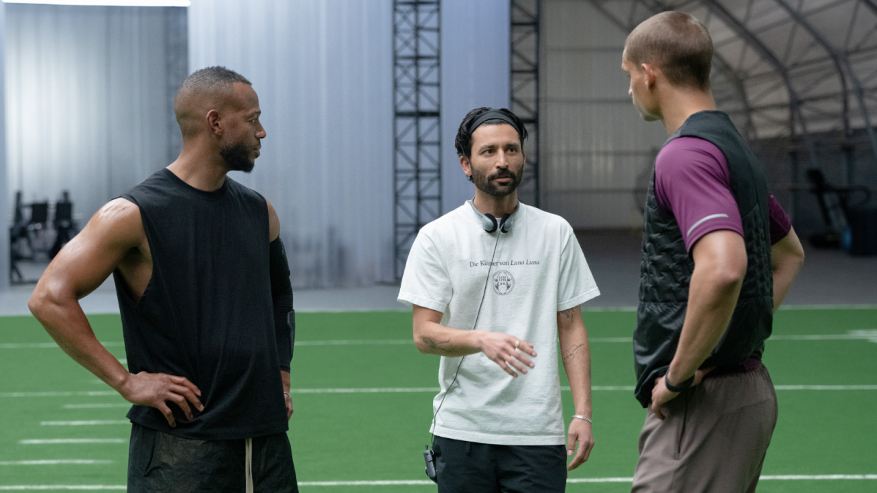 (from left) Marlon Wayans, director Justin Tipping and Tyriq Withers on the set of 'HIM', directed by Justin Tipping. Photo: Universal Pictures.