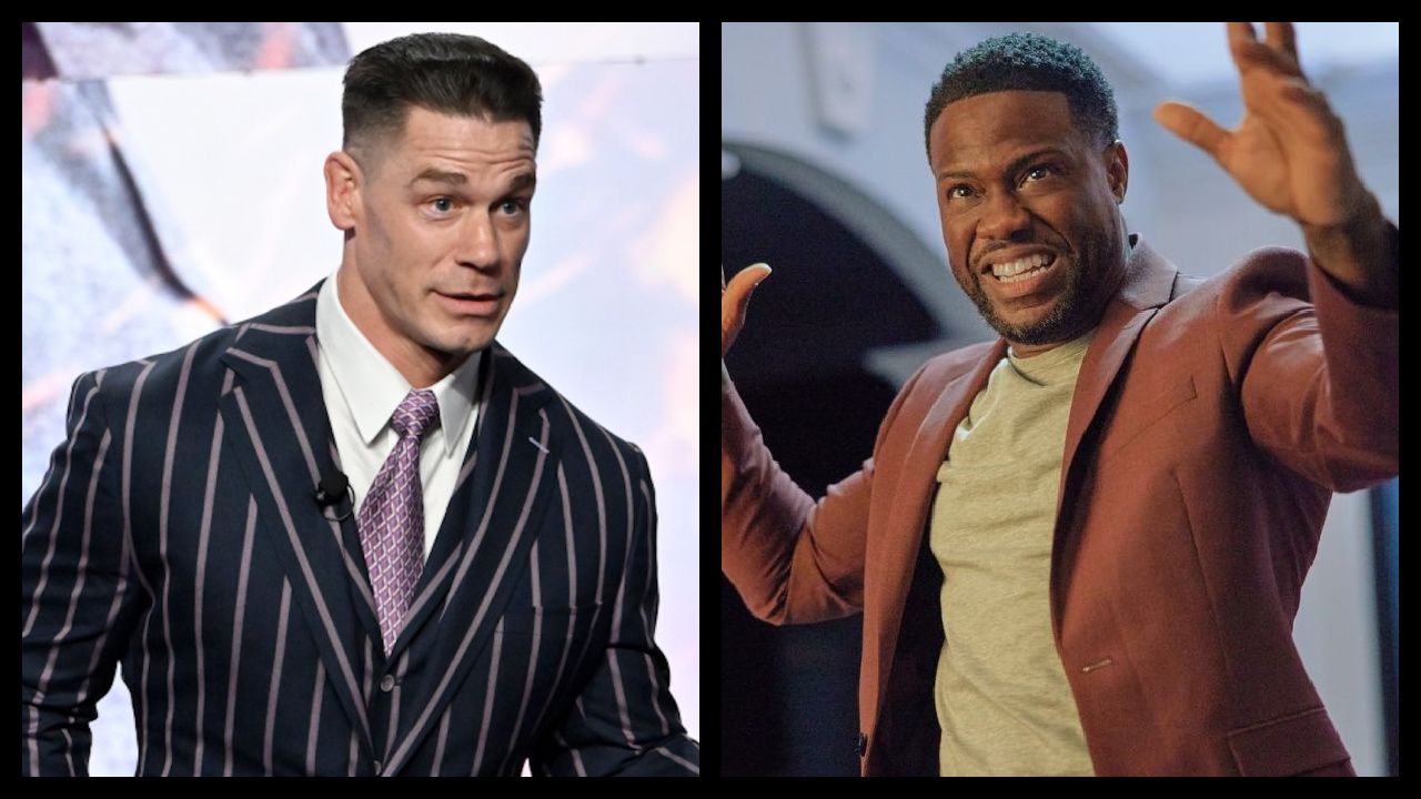 (Left) John Cena at the Amazon Upfront on May 13th, 2025. Photo by Slaven Vlasic/Getty Images for Amazon. (Right) Kevin Hart stars in The Roku Channel's 'Die Hart 2: Die Harter.'
