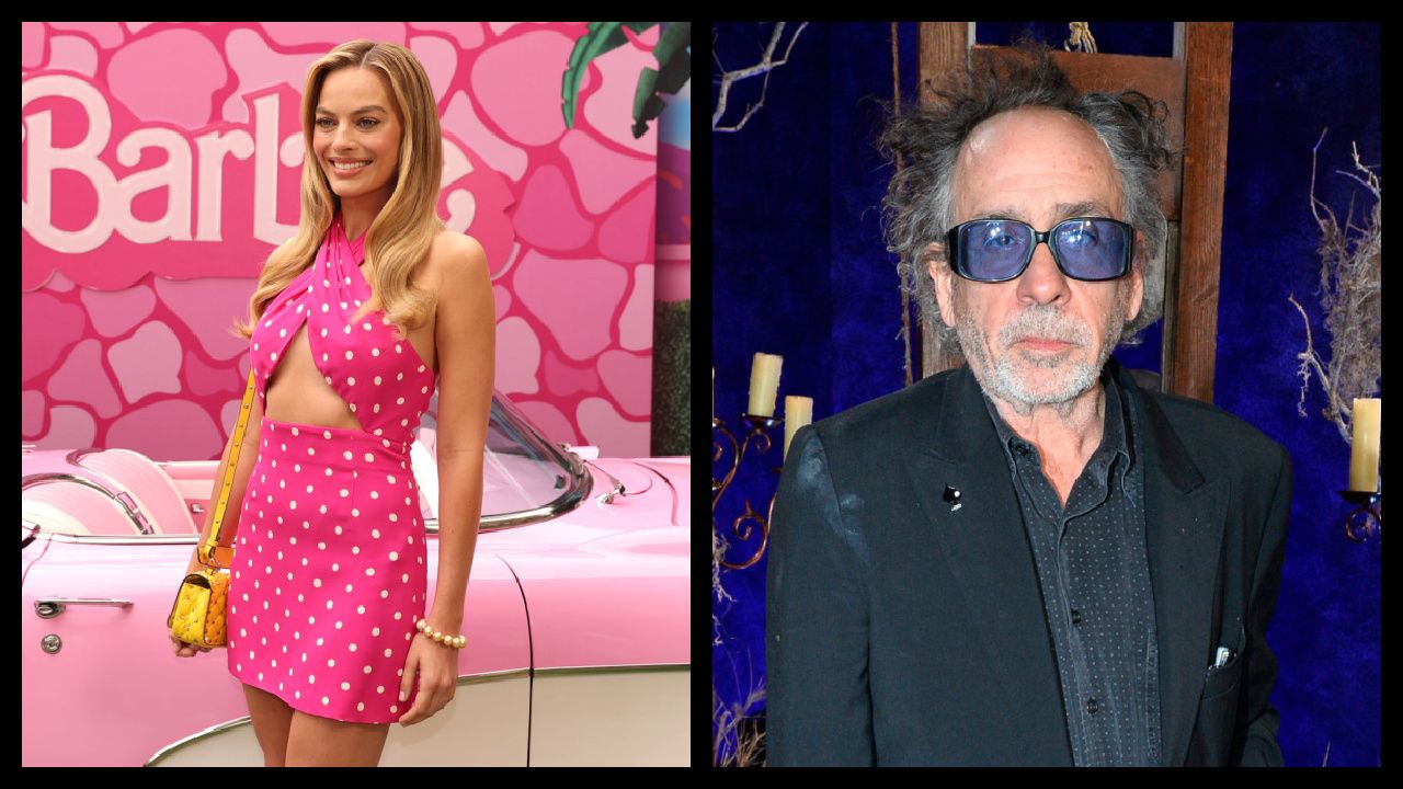 (Left) Actor/Producer Margot Robbie attends the 'Barbie' Press Junket Photo Call at the Four Seasons Hotel in Beverly Hills, CA. Photo by Eric Charbonneau. (Right) Tim Burton attends the world premiere of Netflix's 'Wednesday' on November 16, 2022 in Los Angeles, California. Photo by Jerod Harris/Getty Images for Netflix.