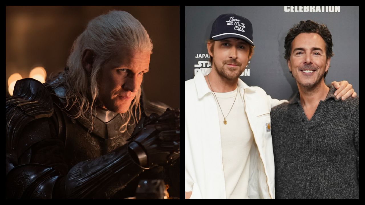(Left) Matt Smith in HBO's 'House of the Dragon.' Photograph by Ollie Upton/HBO. (Right) (L to R) 'Star Wars: Starfighter's Ryan Gosling and director Shawn Levy at Star Wars Celebration 2025. Photo: Lucasfilm.