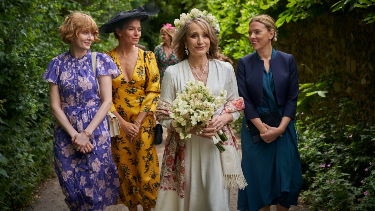 (L to R) Emily Beecham, Sienna Miller, Kristin Scott Thomas and Scarlett Johansson in 'My Mother's Wedding'. Photo: Vertical.