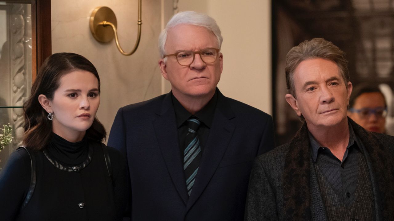 (L to R) Selena Gomez, Steve Martin and Martin Short in 'Only Murders in the Building' Season 5. Photo: Disney/Patrick Harbron.