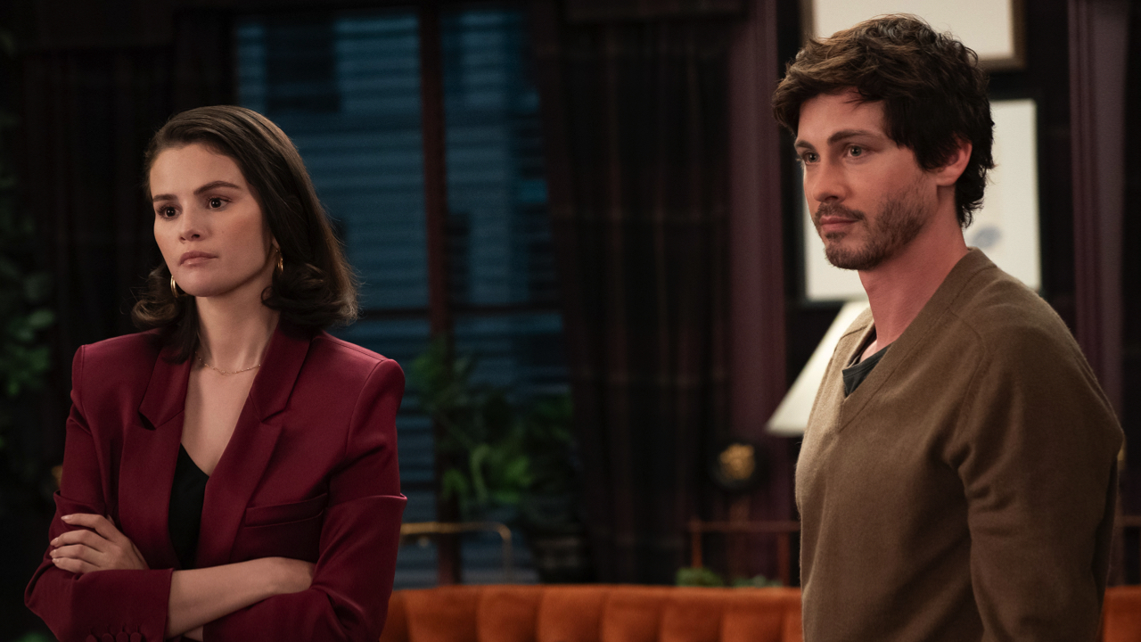 (L to R) Selena Gomez and Logan Lerman in 'Only Murders in the Building' Season 5. Photo: Disney/Patrick Harbron.