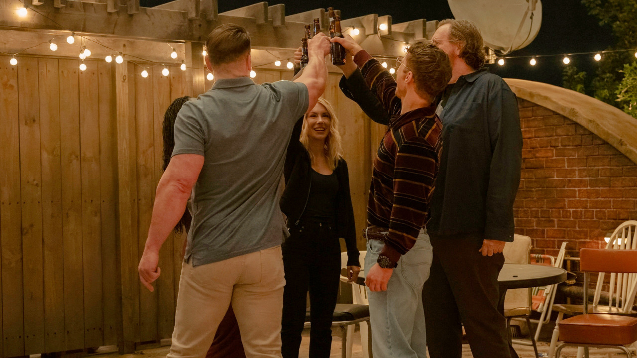 (L to R) John Cena, Jennifer Holland, Freddie Stroma, and Steve Agee in 'Peacemaker' season 2. Photo: Erin Sintoes/Max.