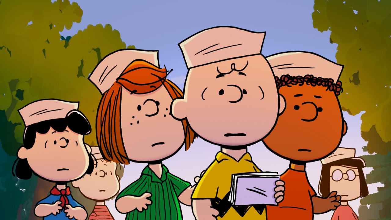 (L to R) Lucy, Linus, Peppermint Patty, Charlie Brown, Franklin and Marcie in "Snoopy Presents: A Summer Musical', now streaming on Apple TV+.
