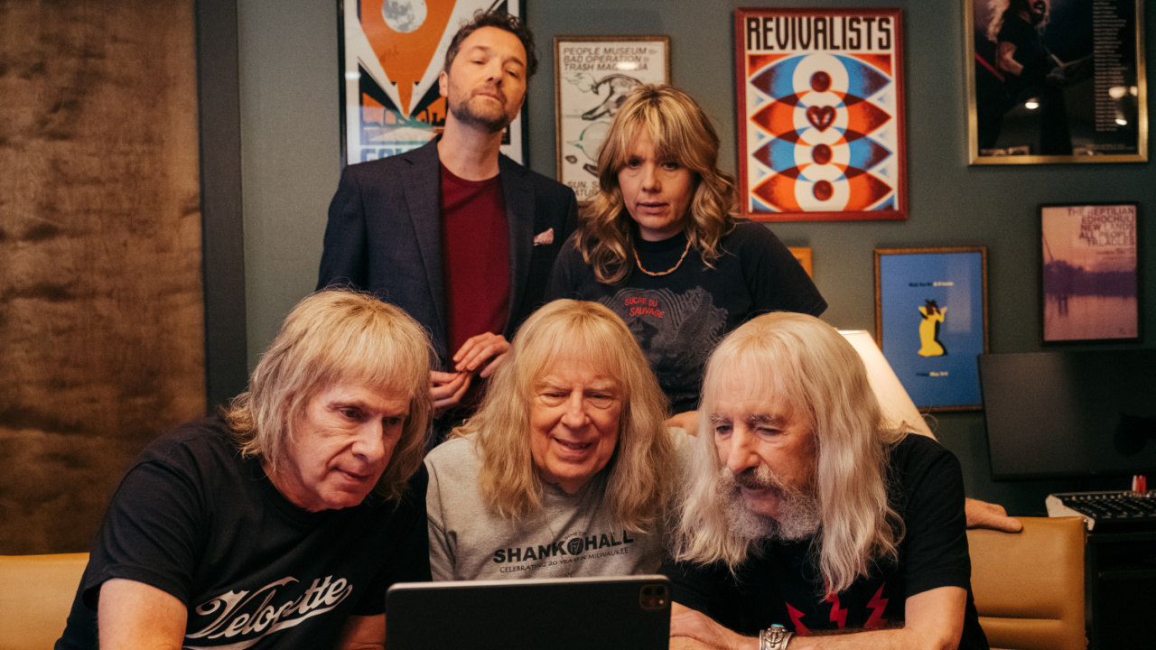 (L to R) Chris Addison, Kerry Godliman, Christopher Guest, Michael McKean, and Harry Shearer in Bleecker Street's 'Spinal Tap II: The End Continues'. Credit: Bleecker Street / Kyle Kaplan.