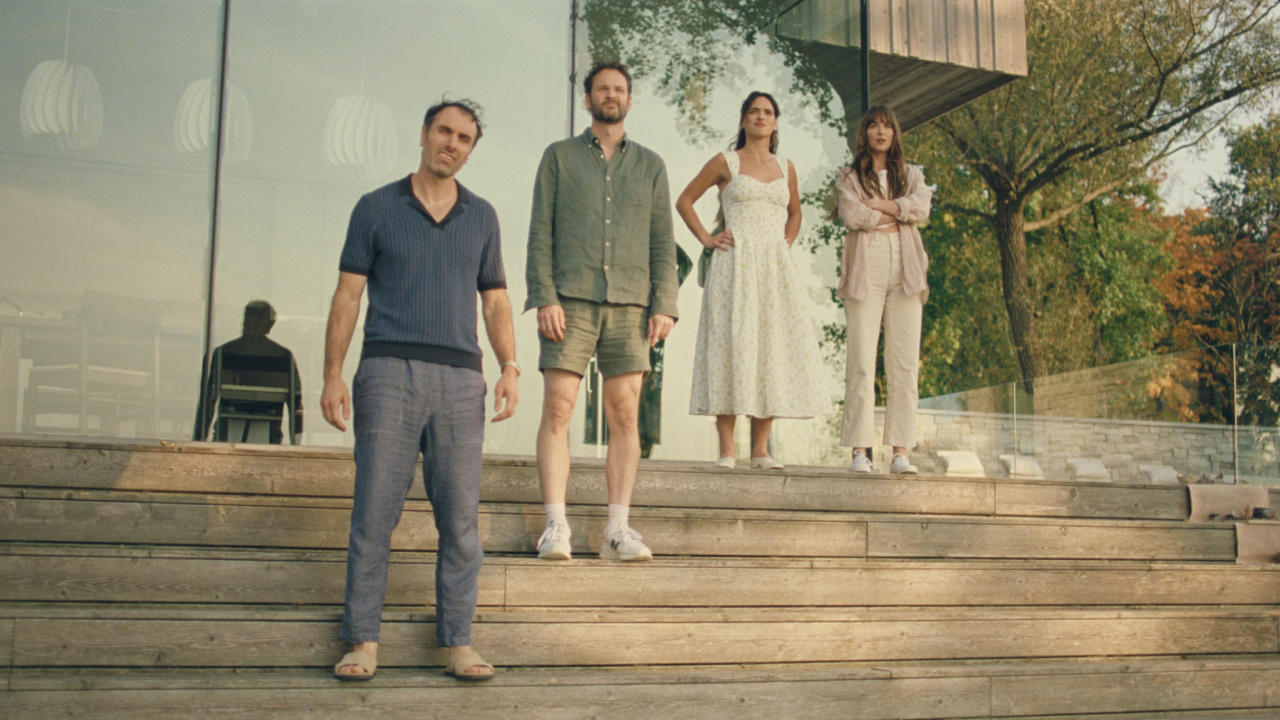 (L to R) Michael Angelo Covino, Kyle Marvin, Adria Arjona and Dakota Johnson in 'Splitsville'. Photo: Neon.