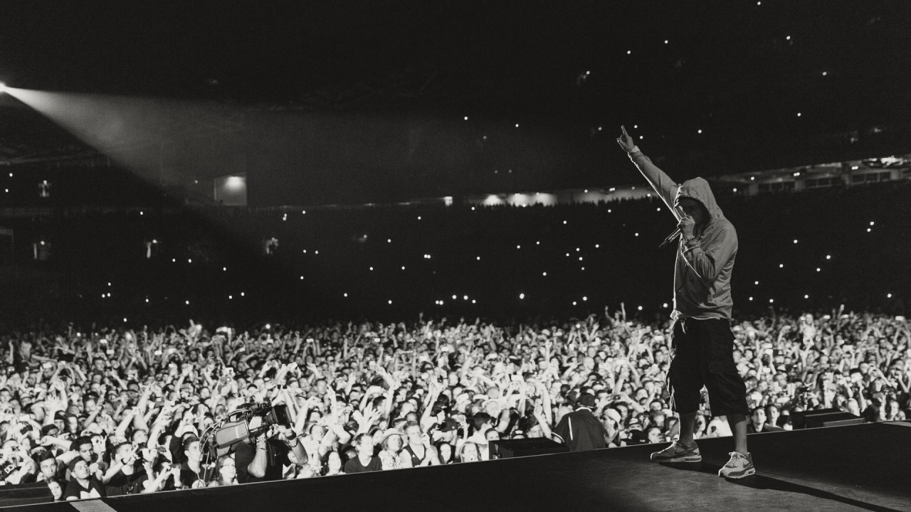 Eminem performing on stage in 'Stans'. Photo: Paramount+.