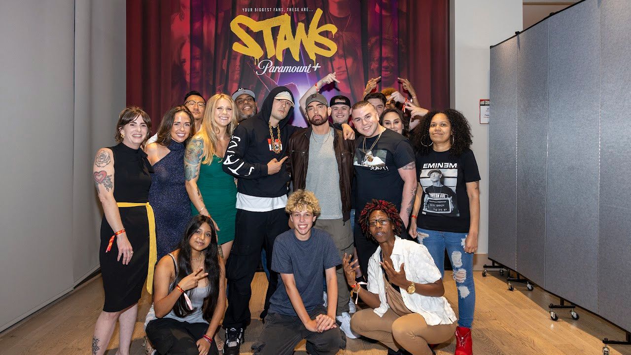Eminem (Center) and his fans at the New York City premiere of 'Stans'. Photo: Jeremy Deputat.
