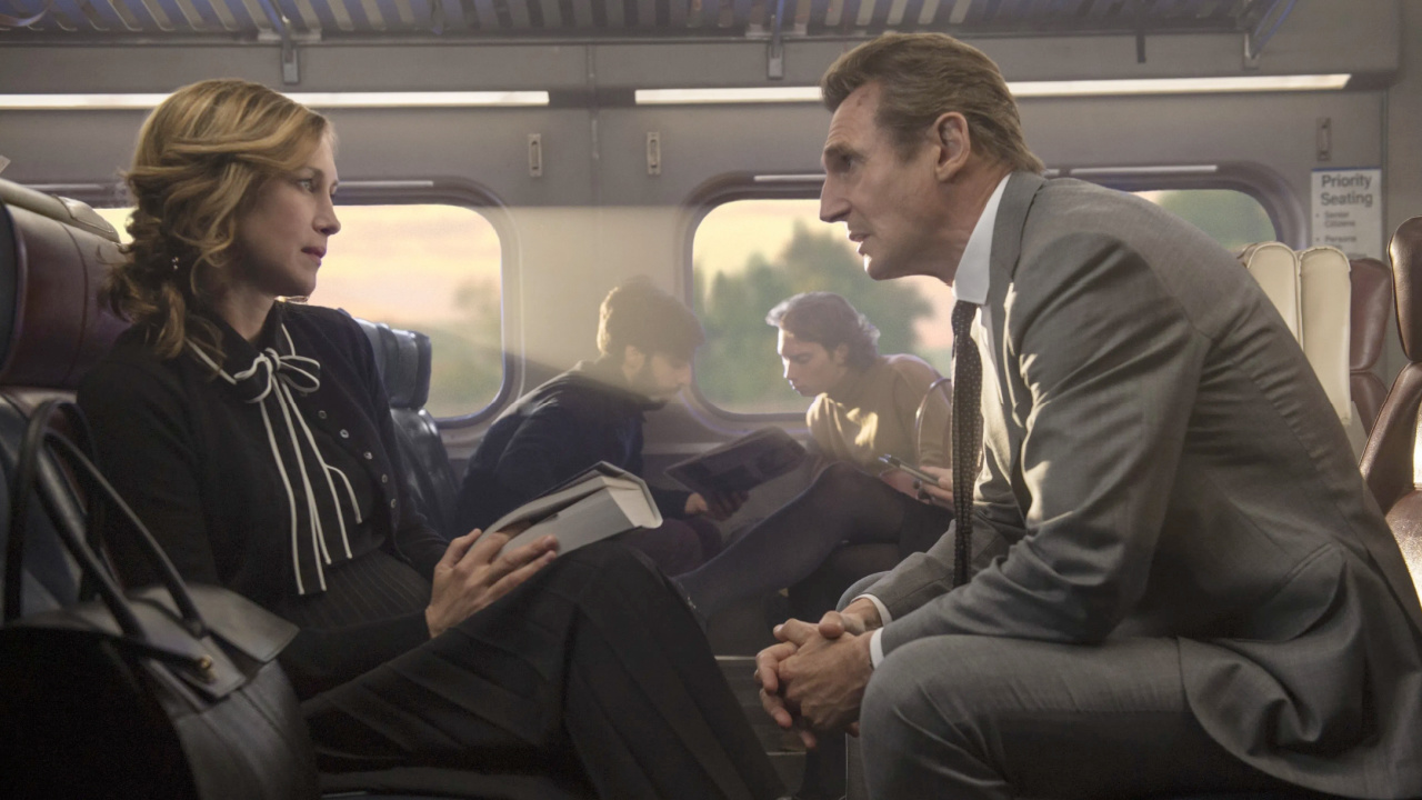 (L to R) Vera Farmiga and Liam Neeson in 'The Commuter'. Photo: Lionsgate.