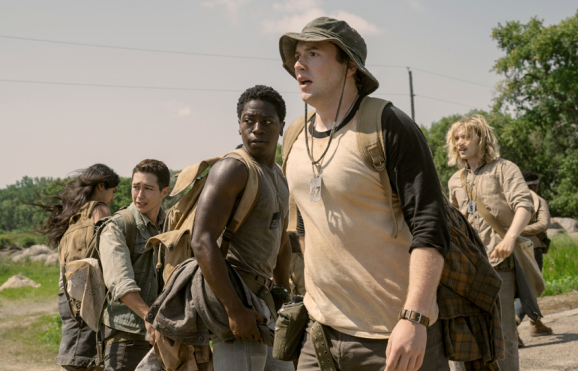 (L to R) Joshua Odjick as Parker, Jordan Gonzalez as Harkness, David Jonsson as McVries, Cooper Hoffman as Garraty, and Charlie Plummer as Barkovitch in 'The Long Walk'. Photo Credit: Murray Close/Lionsgate.