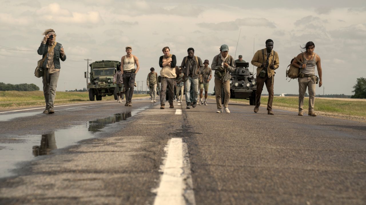 (L to R) Charlie Plummer as Barkovitch, Garrett Wareing as Stebbins, Cooper Hoffman as Garraty, David Jonsson as McVries, Ben Wang as Olson, Tut Nyuot as Baker, and Joshua Odjick as Parker in 'The Long Walk'. Photo: Murray Close/Lionsgate.