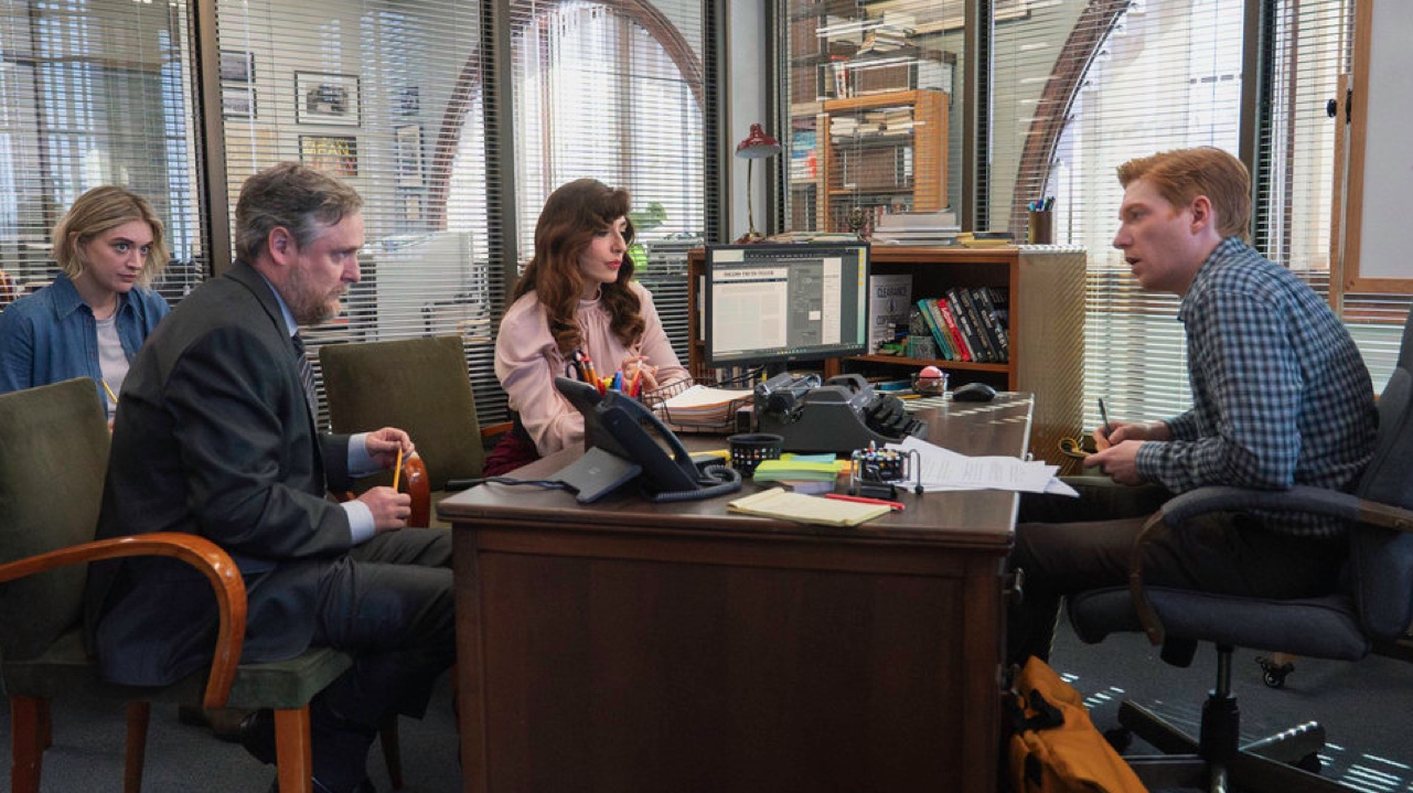 (L to R) Chelsea Frei as Mare, Tim Key as Ken, Sabrina Impacciatore as Esmeralda, Domhnall Gleeson as Ned in ‘The Paper’. Photo: Aaron Epstein/Peacock.