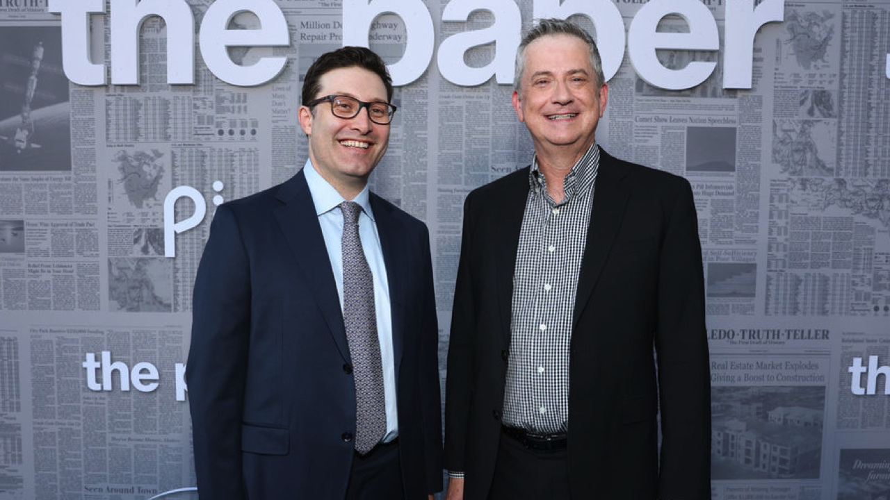 (L to R) Michael Koman and Greg Daniels at ‘The Paper’ premiere at Harmony Gold Theater, August 27, 2025. Photo: Todd Williamson/Peacock.