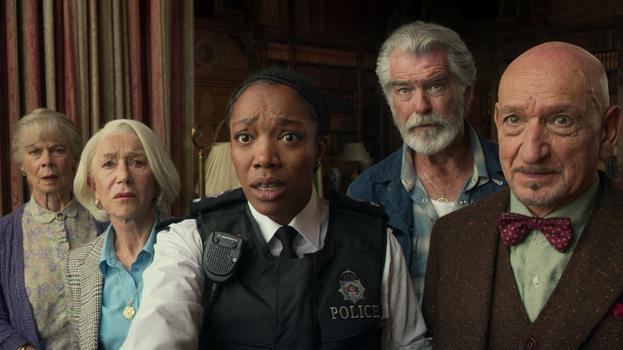 (L to R) Helen Mirren, Pierce Brosnan, Sir Ben Kingsley, Celia Imrie, and Naomi Ackie in 'The Thursday Murder Club'. Photo Credit: Giles Keyte / Netflix. © 2025 Netflix, Inc.
