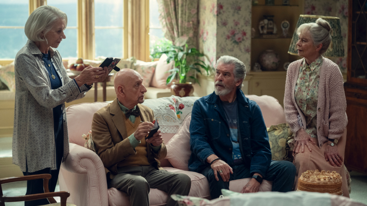 (L to R) Helen Mirren, Sir Ben Kingsley, Pierce Brosnan, and Celia Imrie in 'The Thursday Murder Club'. Photo Credit: Giles Keyte / Netflix. © 2025 Netflix, Inc.