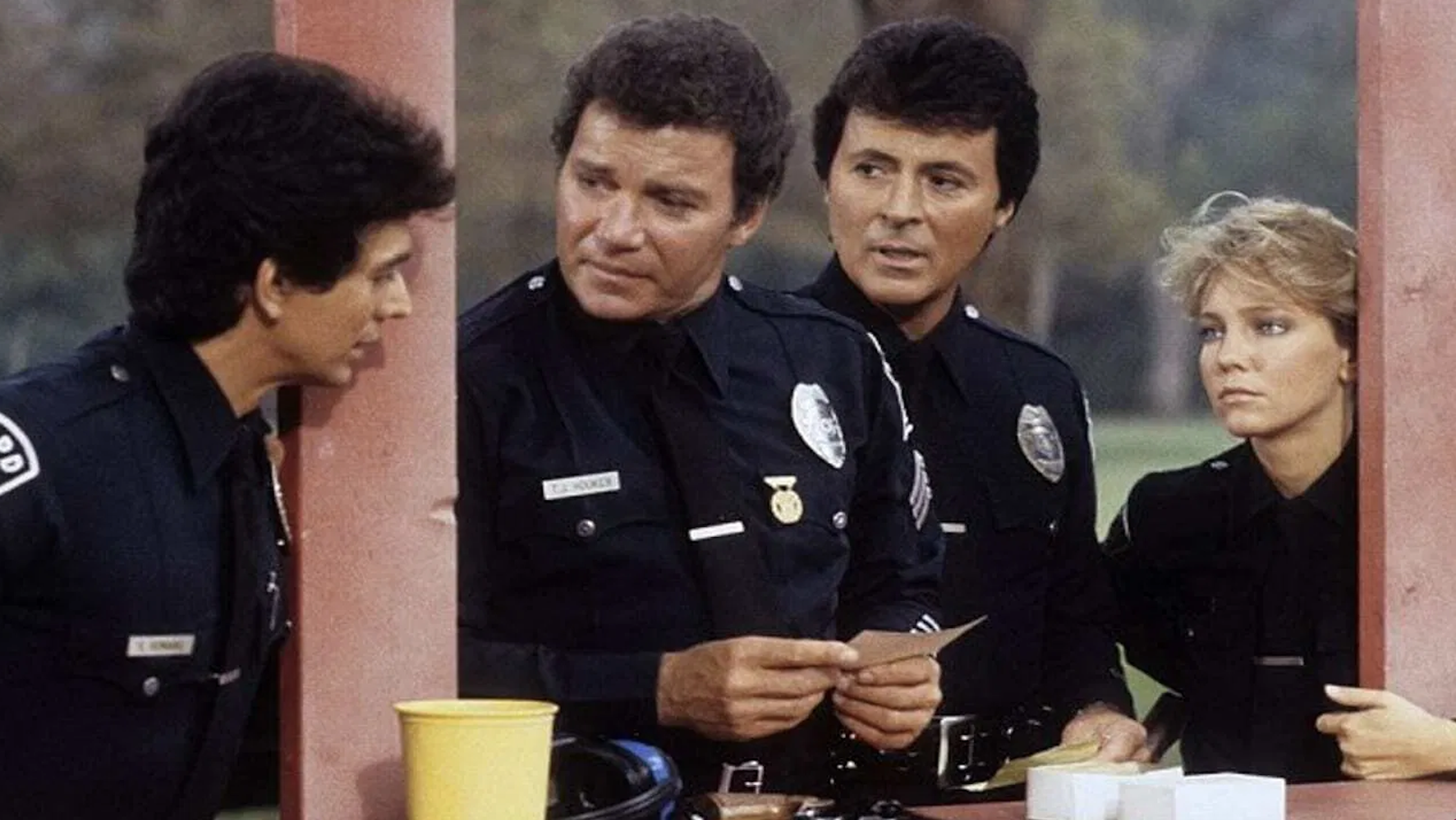 (L to R) Adrian Zmed, William Shatner, James Darren and Heather Locklear in 'T. J. Hooker'. Photo: Spelling-Goldberg Productions.