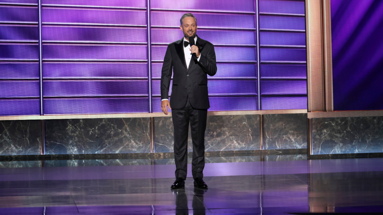 Nate Bargatze hots at the 77TH EMMY® AWARDS, broadcasting live to both coasts from the Peacock Theater in Los Angeles, California, Sunday, Sept. 14, (8:00-11:00 PM, LIVE ET/5:00-8:00 PM, LIVE PT) on the CBS Television Network, and streaming on Paramount+.* -- Photo: Sonja Flemming/CBS ©2025 CBS Broadcasting, Inc. All Rights Reserved.