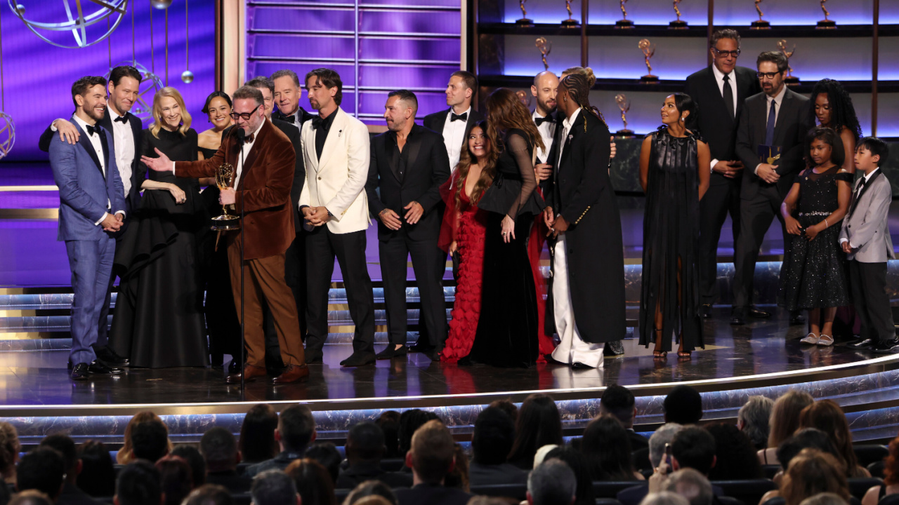 Comedy Series winners 'The Studio' at the 77TH EMMY® AWARDS, broadcasting live to both coasts from the Peacock Theater in Los Angeles, California, Sunday, Sept. 14, E PT) on the CBS Television Network. Photo: Sonja Flemming/CBS ©2025 CBS Broadcasting, Inc. All Rights Reserved.