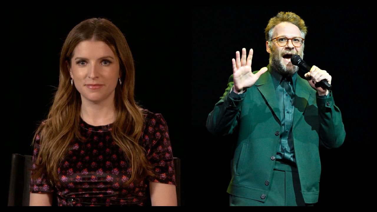 (Left) Anna Kendrick stars in 'Alice, Darling.' (Right) Seth Rogen at CinemaCon 2023. Photo courtesy of Paramount Pictures.