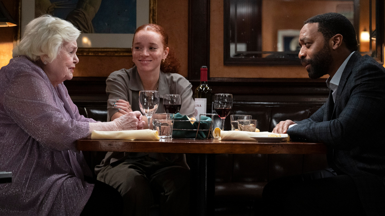 (L to R) June Squibb as Eleanor, Erin Kellyman as Nina, Chiwetel Ejiofor as Roger in ‘Eleanor the Great’ Image: Jojo Whilden. Courtesy of Sony Pictures Classics.