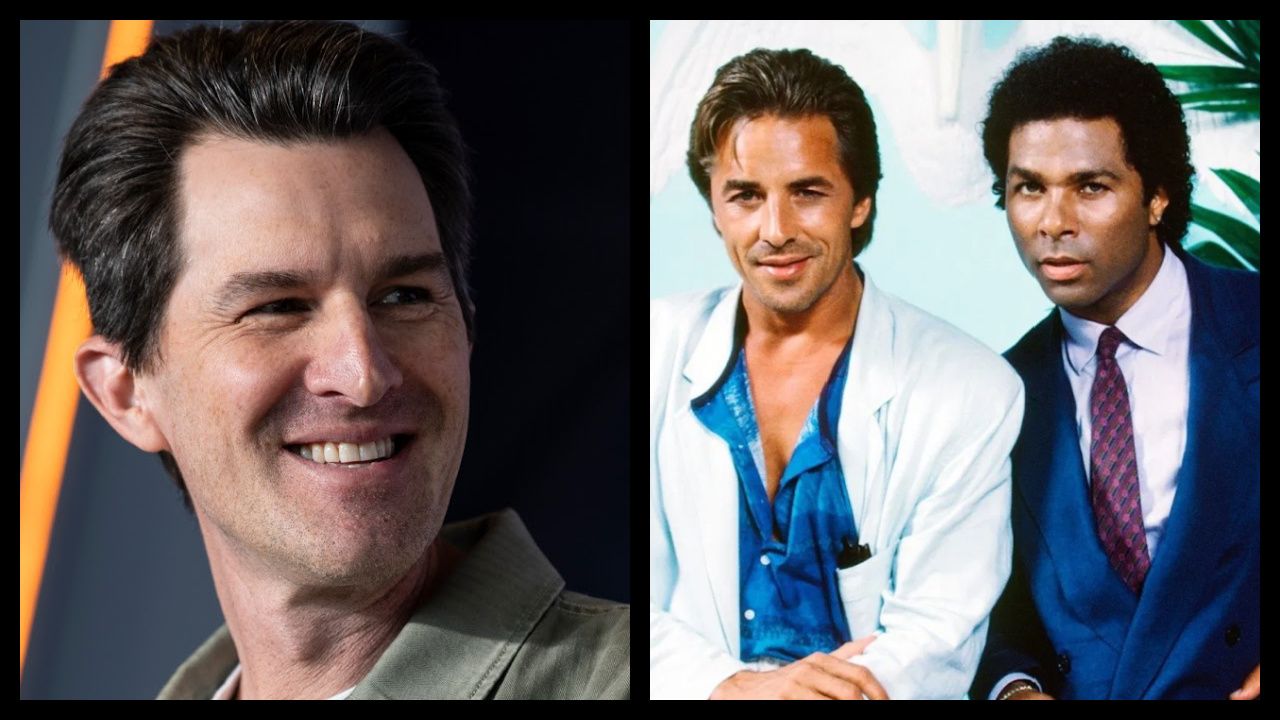 (Left) Director-Producer Joseph Kosinski attends a Press Conference in Mexico City on June 10th, 2025 for Warner Bros. Pictures / Apple Original Films 'F1'. Photo Credit: Chino Lemus. Copyright: Chino Lemus 2022. (Right) Don Johnson and Philip Michael Thomas in the TV series 'Miami Vice'. Photo: NBC/Universal.