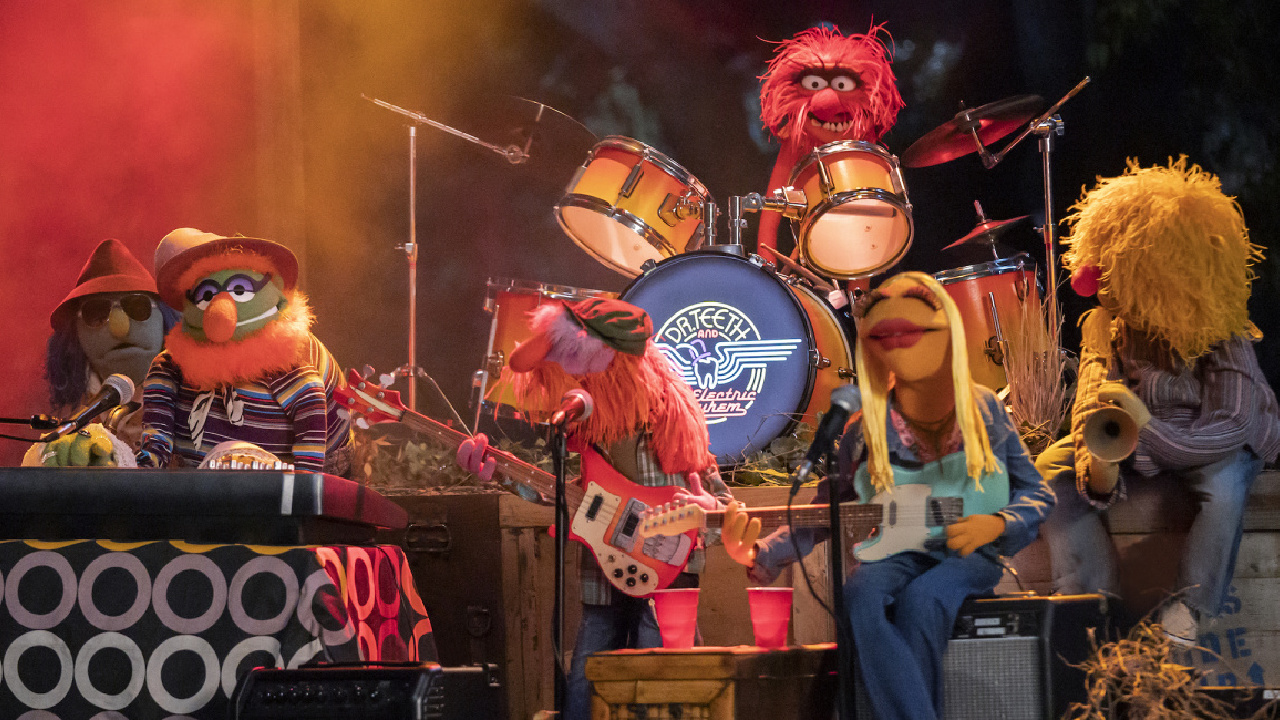 (L to R) Zoot, Dr. Teeth, Floyd Pepper, Animal, Janice, and Lips in 'The Muppets Mayhem.' Photo: Disney/Mitch Haaseth.