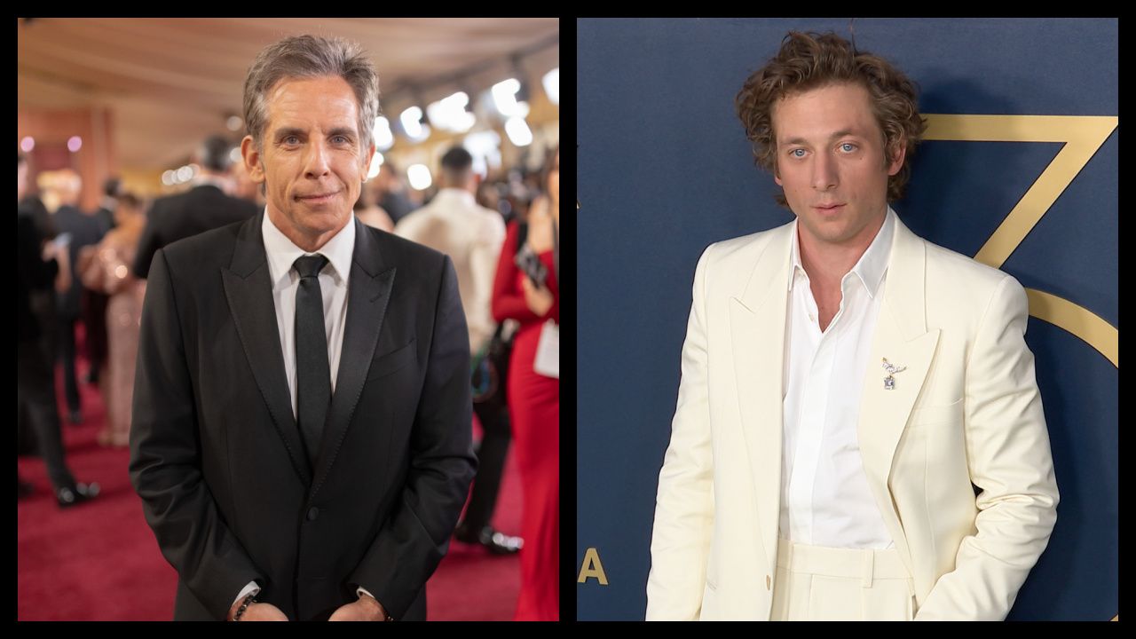 (Left) Ben Stiller arrives on the red carpet of the 97th Oscars® at the Dolby® Theatre at Ovation Hollywood on Sunday, March 2, 2025. Credit/Provider: Mark Von Holden / The Academy. Copyright: ©A.M.P.A.S. (Right) Jeremy Allen White at the 30th Annual SAG Awards red carpet. Photo: Andrew Piccardo for Shutterstock for SAG Awards/Netflix.