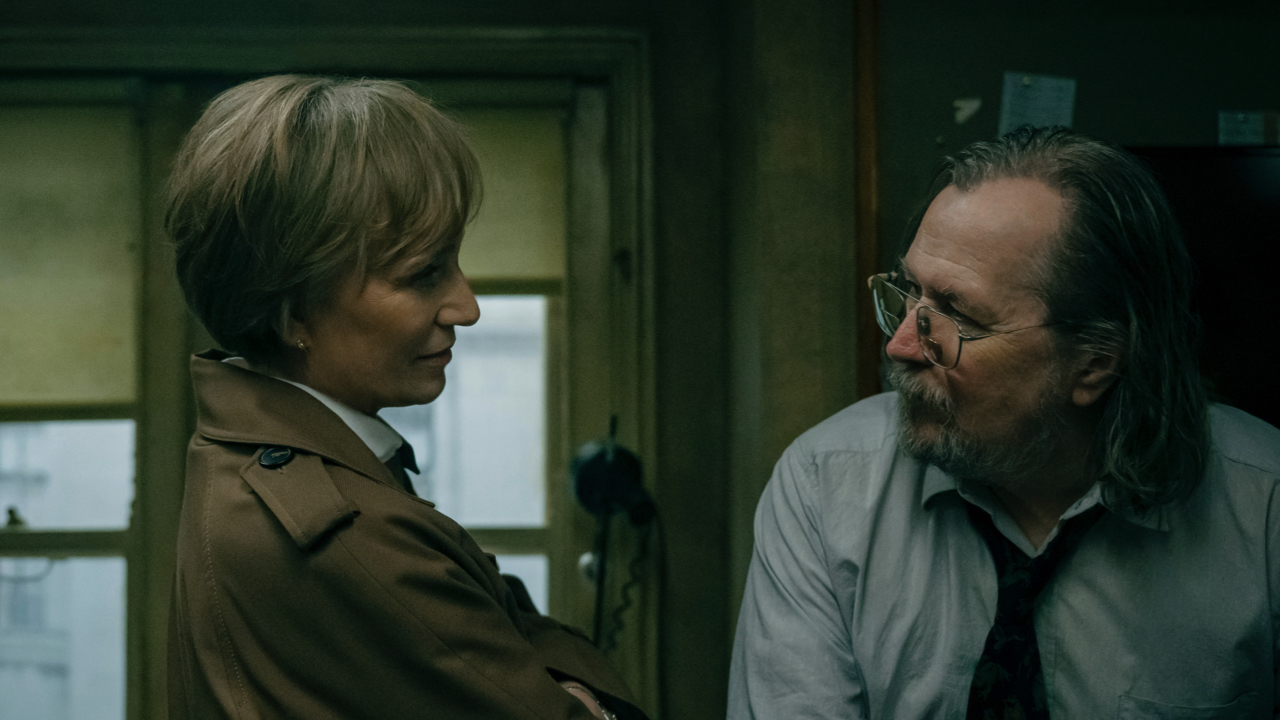(L to R): Kristin Scott Thomas and Sir Gary Oldman in 'Slow Horses,' premiering September 24, 2025 on Apple TV+.