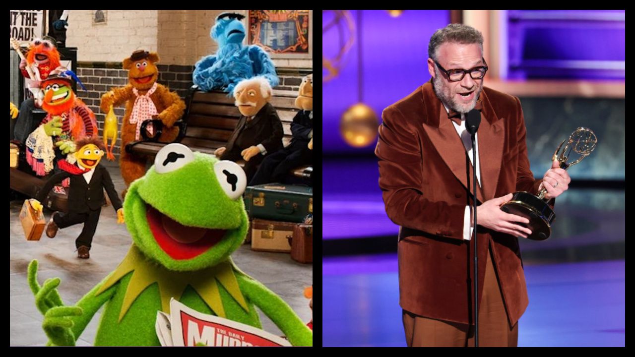 (Left) The Muppets in 2014's 'Muppets Most Wanted.' Photo courtesy of Disney. (Right) Seth Rogen wins the Emmy for Lead Actor in a Comedy Series at the 77TH EMMY® AWARDS, broadcasting live to both coasts from the Peacock Theater in Los Angeles, California, Sunday, Sept. 14, (8:00-11:00 PM, LIVE ET/5:00-8:00 PM, LIVE PT) on the CBS Television Network, and streaming on Paramount+.* Photo: Sonja Flemming/CBS ©2025 CBS Broadcasting, Inc. All Rights Reserved.