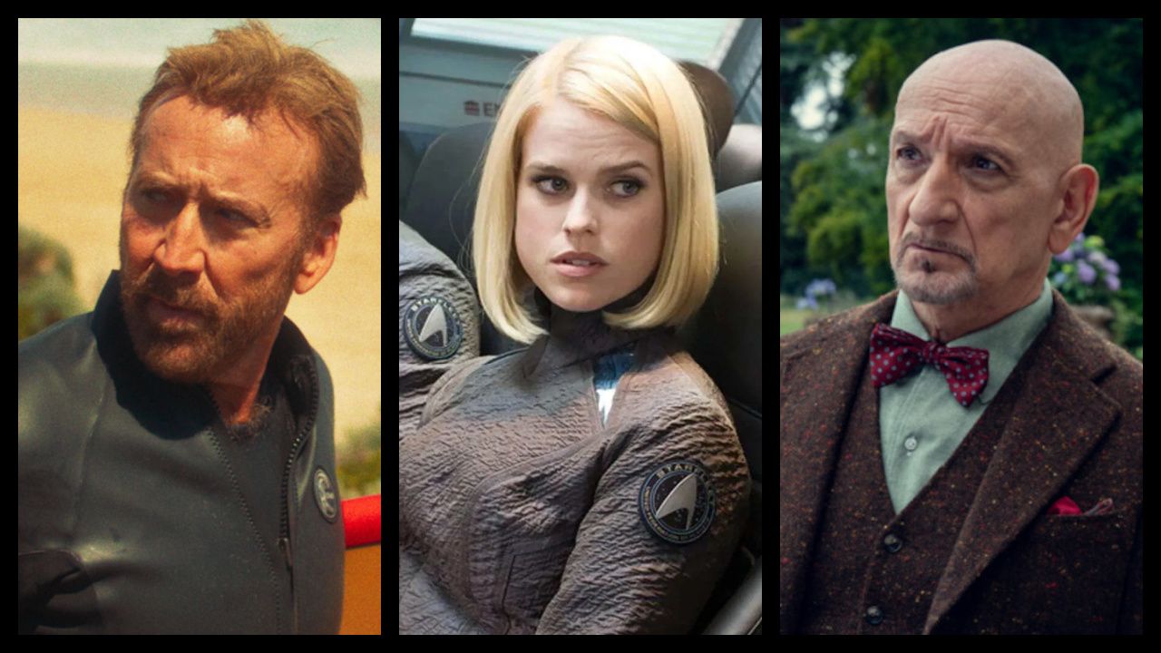 (Left) Nicolas Cage stars in 'The Surfer'. Photo: Saturn Films. (Center) Alice Eve in 'Star Trek Into Darkness'. Photo: Paramount Pictures. (Right) Sir Ben Kingsley in 'The Thursday Murder Club', which will launch on 28th August 2025 exclusively on Netflix. Photo: Netflix.