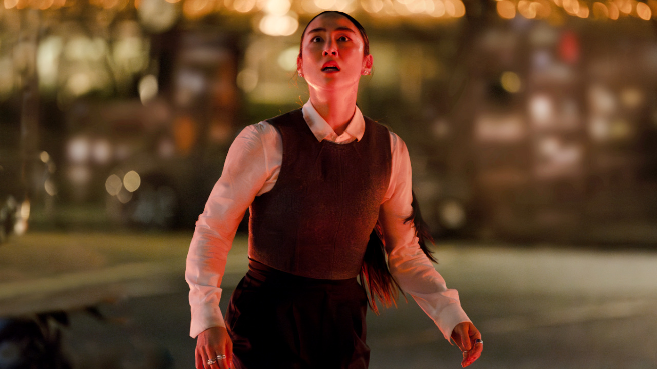 Greta Lee as Eve Kim in Disney's Live Action 'Tron: Ares'. Photo by Leah Gallo. © 2025 Disney Enterprises, Inc. All Rights Reserved.