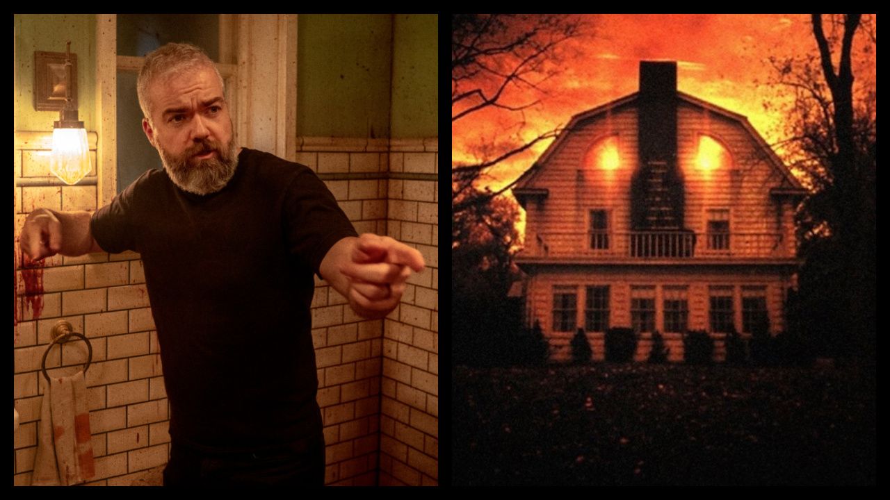 (Left) Director David Sandberg on the set of 'Until Dawn'. Photo: Kerry Brown. © 2024 Screen Gems, Inc. and TSG Entertainment II LLC. All Rights Reserved. (Right) 'The Amityville Horror'. Photo: American International Pictures.