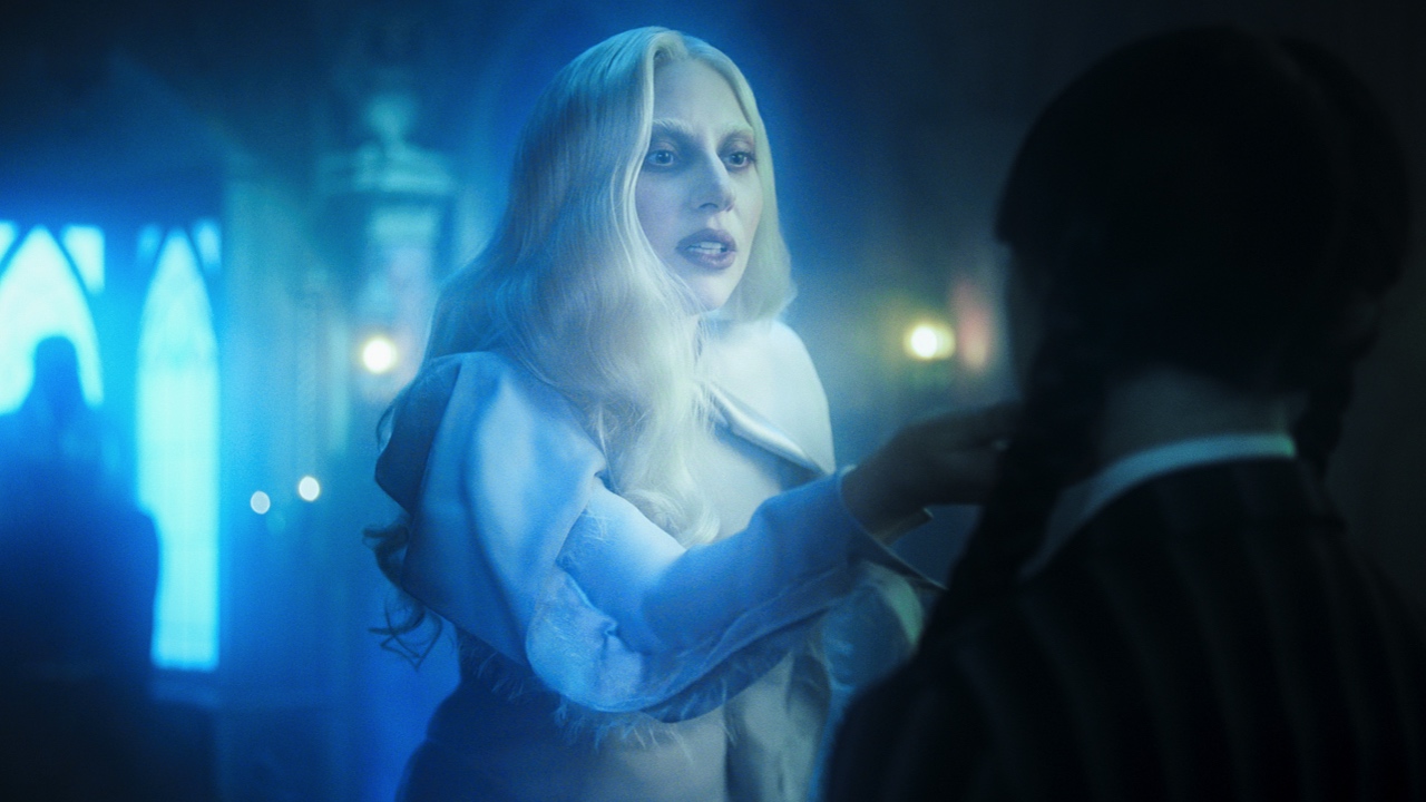 (L to R) Lady Gaga as Rosaline Rotwood, Jenna Ortega as Wednesday Addams in episode 206 of 'Wednesday'. Photo: Netflix© 2025.