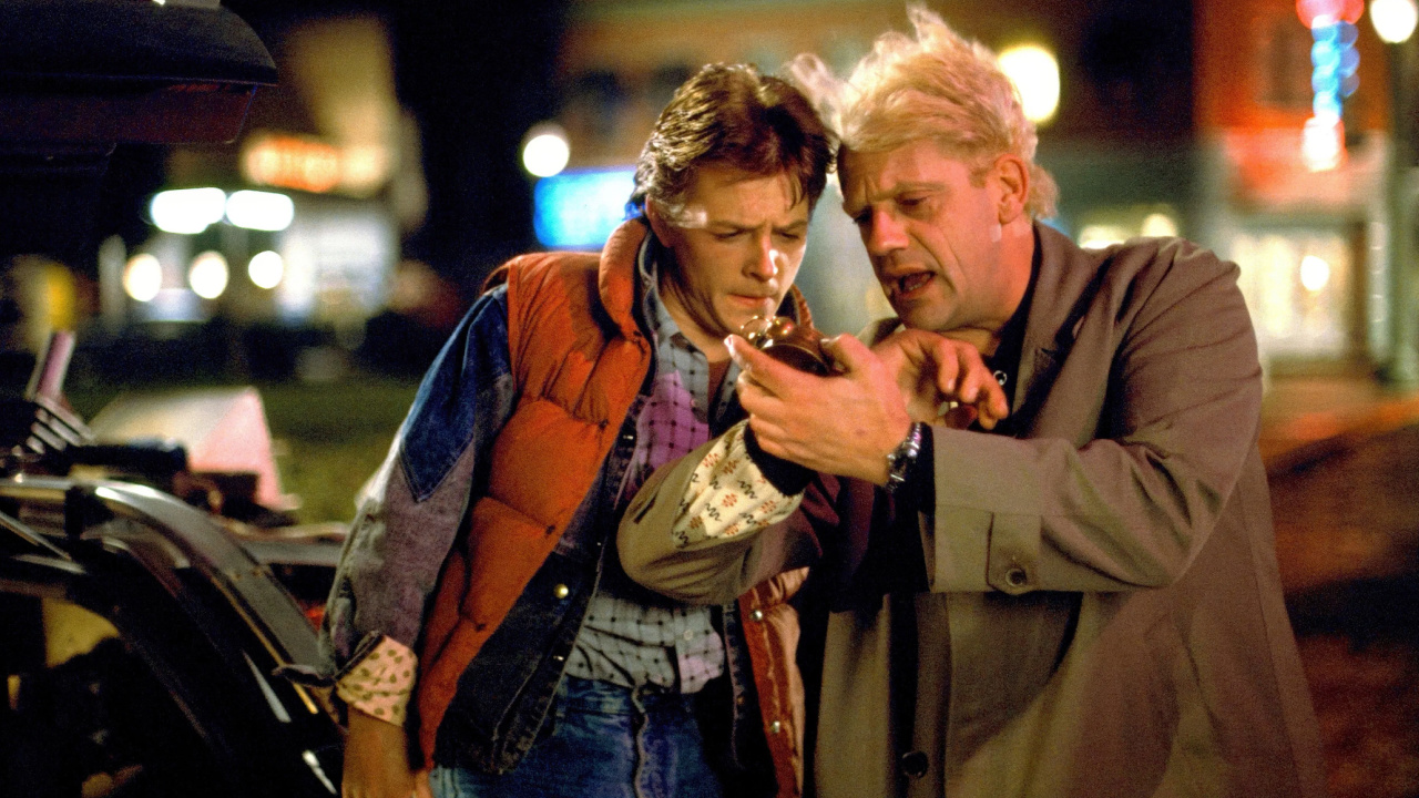 (L to R) Michael J. Fox and Christopher Lloyd in 'Back to the Future'. Photo: Universal Pictures.
