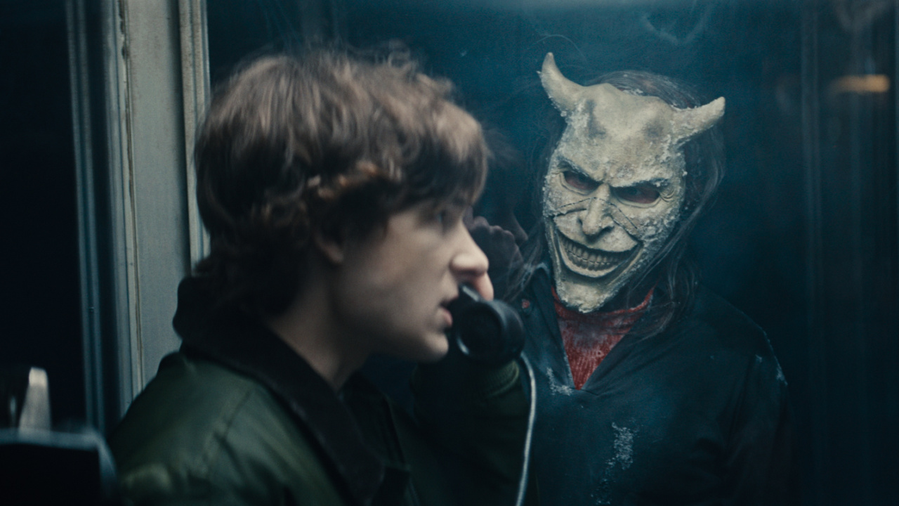 (L to R) Finn (Mason Thames) and The Grabber (Ethan Hawke) in 'Black Phone 2', written and directed by Scott Derrickson. Photo: Universal Pictures.