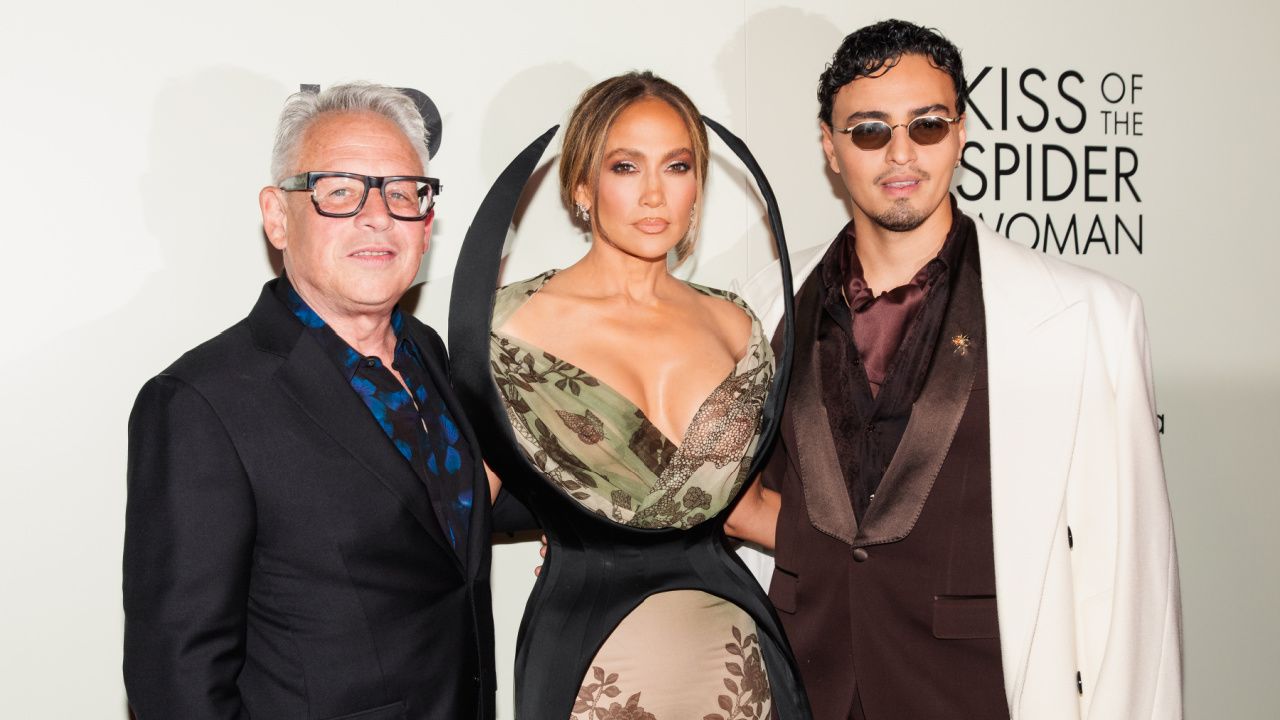 (L to R) Bill Condon, Jennifer Lopez, and Tonatiuh attend the 'Kiss of the Spider Woman' New York premiere. Credit: Jason Crowley/BFA.