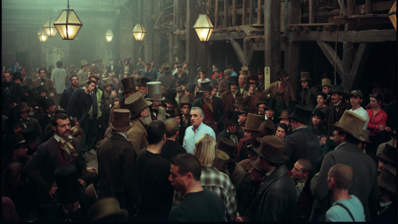 Archival photo of Martin Scorsese on the set of 'Gangs of New York' featured in 'Mr. Scorsese,' premiering October 17, 2025 on Apple TV+.