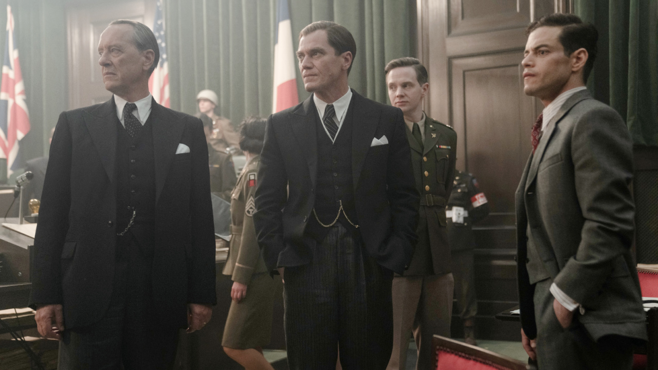 (L to R) Richard E. Grant as Sir David Maxwell-Fyfe, Michael Shannon as Robert H. Jackson, Rami Malek as Lt. Col. Douglas Kelley in ‘Nuremberg’. Photo: Scott Garfield. Courtesy of Sony Pictures Classics.