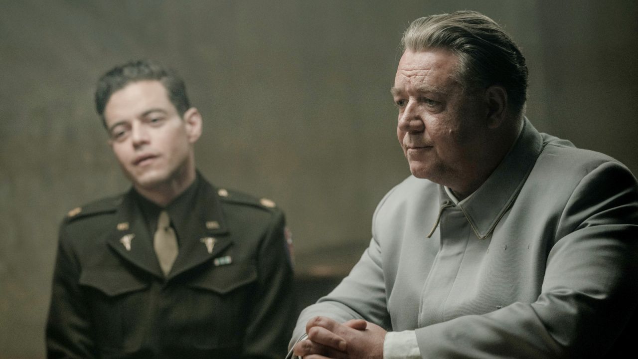 (L to R) Rami Malek as Lt. Col. Douglas Kelley, Russell Crowe as Hermann Göring in ‘Nuremberg’. Photo: Scott Garfield. Courtesy of Sony Pictures Classics.