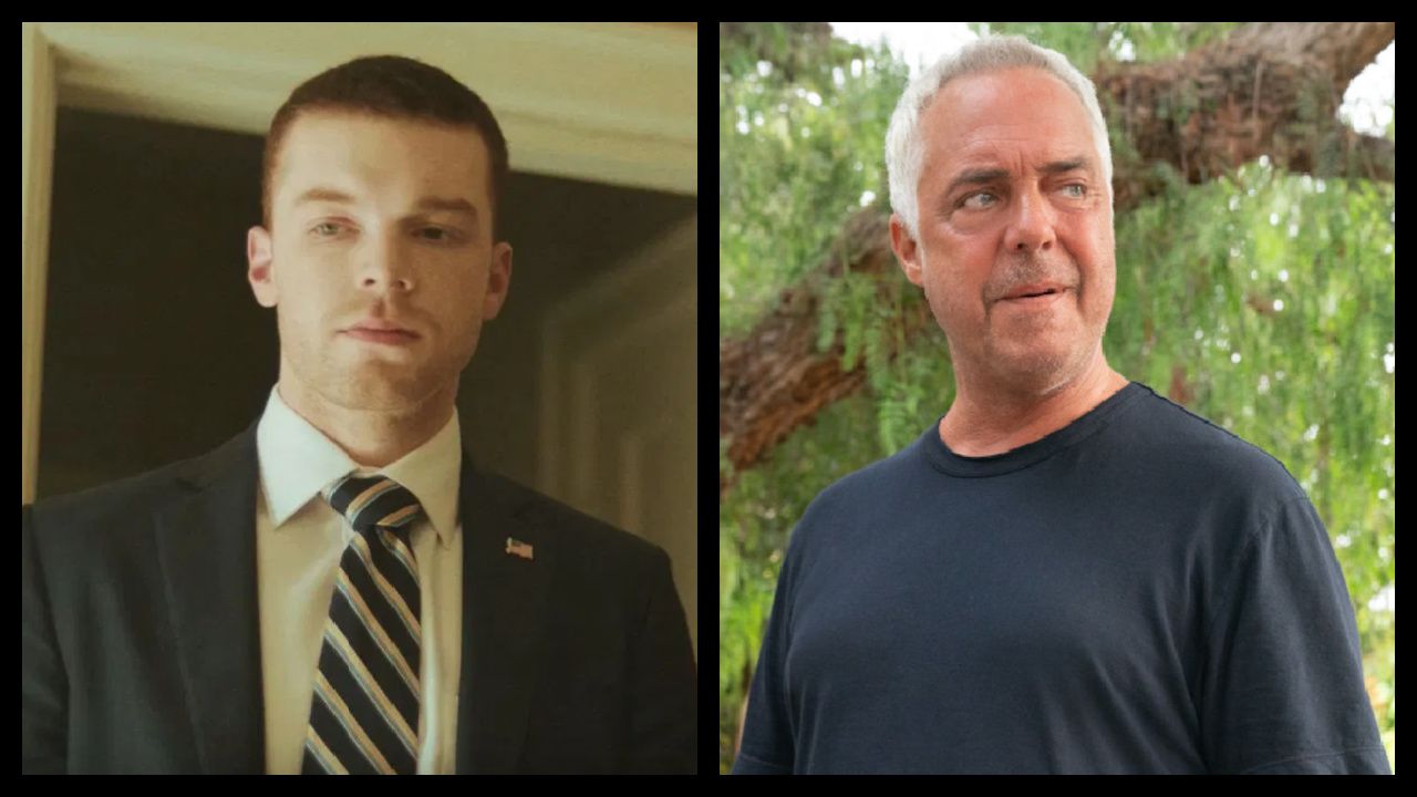 (Left) Cameron Monaghan in 'Paradise Highway'. Photo: Lionsgate. (Right) Titus Welliver as Harry Bosch in season 2 of 'Bosch: Legacy.' Photo Credit: Warrick Page.