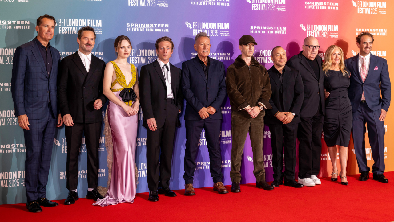 (L to R) Scott Stuber, Scott Cooper, Odessa Young, Jeremy Allen White, Bruce Springsteen, Jeremy Strong, Stephen Graham, Jon Landau, Ellen Goldsmith-Vein and Eric Robinson attend the UK Premiere of 20th Century Studios’ 'Springsteen: Deliver Me from Nowhere' during the 69th BFI London Film Festival at Royal Festival Hall, London on October 15th, 2025. Photo by StillMoving.Net for The Walt Disney Company Limited.