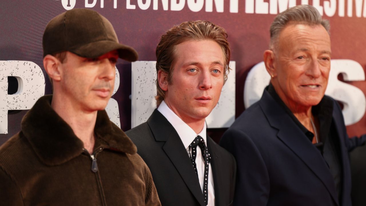(L to R) Jeremy Strong, Jeremy Allen White, and Bruce Springsteen attend the UK Premiere of 20th Century Studios’ 'Springsteen: Deliver Me from Nowhere' during the 69th BFI London Film Festival at Royal Festival Hall, London on October 15th, 2025. Photo by StillMoving.Net for The Walt Disney Company Limited.