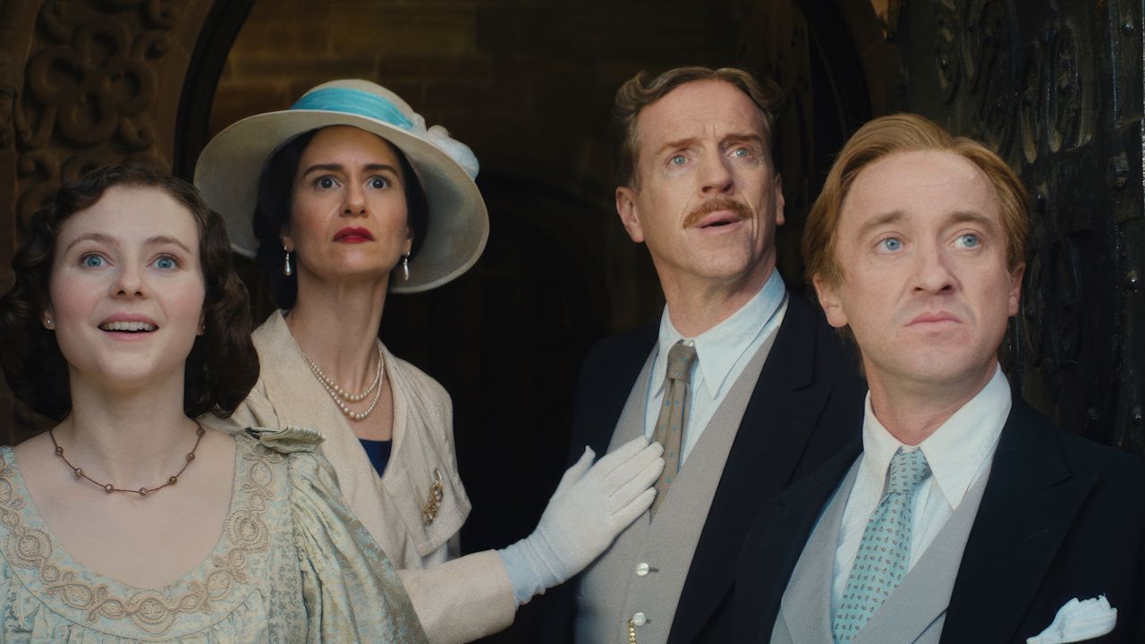 (L to R): Thomasin McKenzie, Katherine Waterston, Damian Lewis and Tom Felton in Bleecker Street's 'Fackham Hall.' Photo: Bleecker Street.