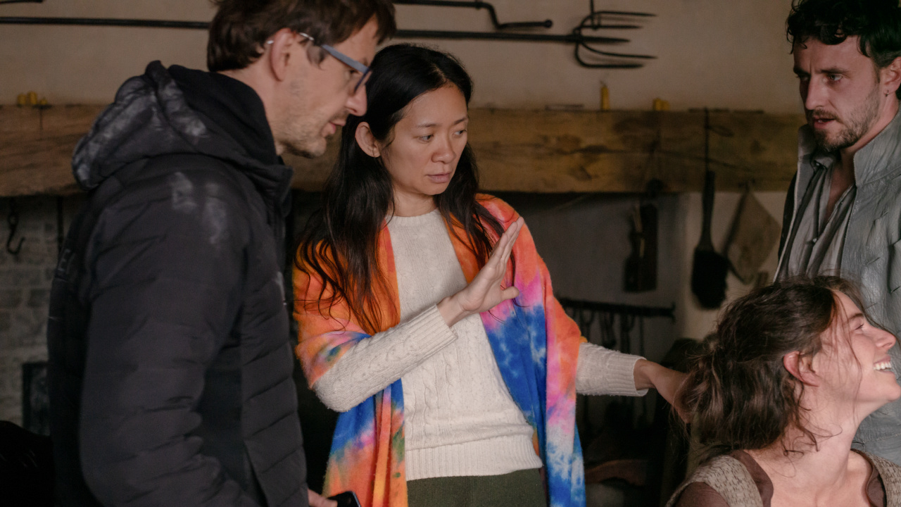 (L to R) Director of photography Lukasz Zal, director Chloé Zhao and actors Jessie Buckley and Paul Mescal on the set of their film 'Hamnet', a Focus Features release. Credit: Agata Grzybowska / © 2025 FOCUS FEATURES LLC